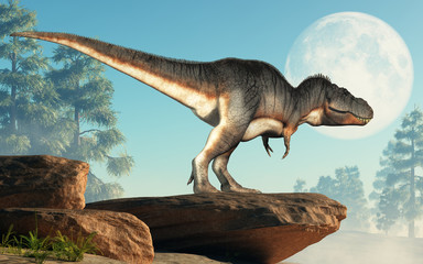 A tyrannosaurus rex stands on a cliff infront of the full moon. The most popular dinosaur, this predator lived during the Cretaceous period. 3D Rendering.