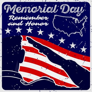 Memorial day poster template in vintage style. US Army soldiers saluting on grunge american flag background