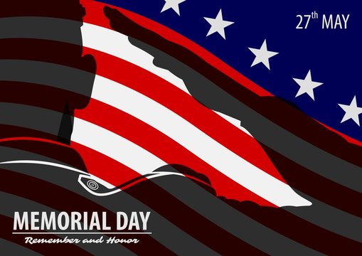 Memorial day poster template. US Army soldiers saluting on american flag background. Vector illustration.