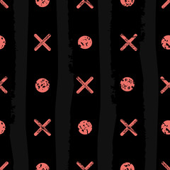 Coral noughts and crosses with varied grunge texture. Seamless geometric vector pattern on black background with subtle grunge stripes. Great for stationery, packaging, fashion, giftwrap, Valentines