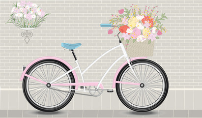 Fototapeta premium Bicycle pink with a wicker basket of flowers- background of a light brick wall with hanging vase - flat style - vector