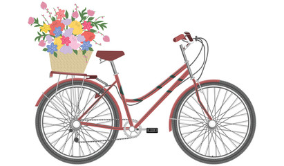 Fototapeta na wymiar Female red bicycle - basket with a bouquet of bright flowers - isolated on white background - flat style - vector