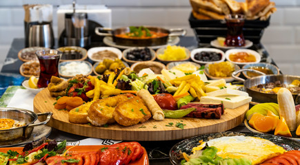 Delicious traditional turkish breakfast on table
