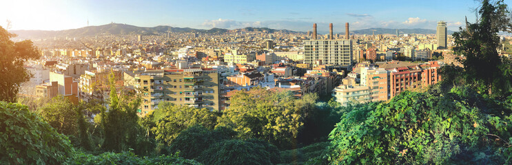 Panorama cityscape of Barcelona, view from the hill
