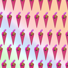 Modern art collage pattern of pink ice cream made of waffle cone and almond cookies flying in the air.