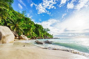Paradise tropical beach with rocks,palm trees and turquoise water in sunshine, seychelles 20