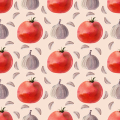 Vegetables watercolor illustration. Tomato and garlic seamless pattern