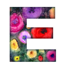 Letter "E" of the Latin alphabet with watercolor floral texture, isolated on a white background.