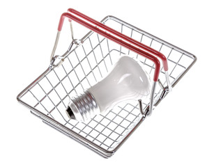 Miniature shopping basket from a supermarket, with red handles, with a light bulb, isolated on a white background, no body.