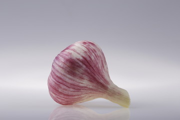 Head of young garlic on a gray background of the subject table.