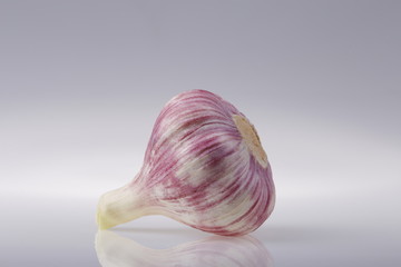 Head of young garlic on a gray background of the subject table.