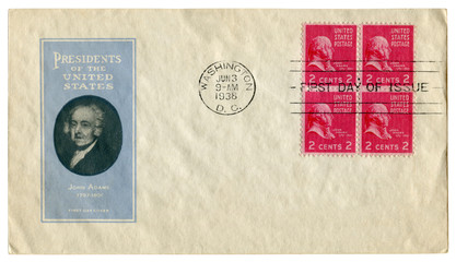 Washington, The USA  - 3 June 1938: US historical envelope: cover with cachet President of the United States John Adams 1797-1801, four red postage stamps two cents,  cancellation first day of issue