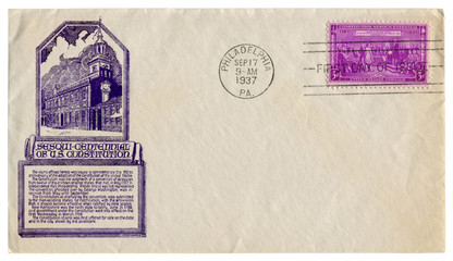Philadelphia, The USA  - 17 september 1937: US historical envelope: cover with cachet Independence Hall, postage stamp signing of the United States Constitution, cancellation first day of issue