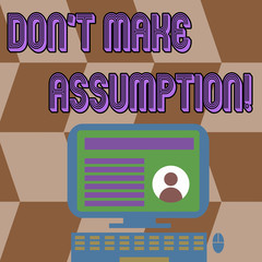 Obraz premium Writing note showing Don T Make Assumption. Business concept for something that you assume to be case even without proof Computer Mounted on Stand with Online Profile Data on Screen
