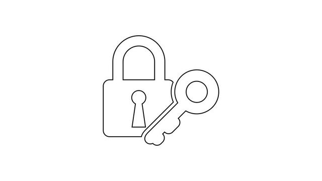 Black Lock and key line icon on white background. Padlock sign. Security, safety, protection, privacy concept. 4K Video motion graphic animation