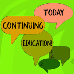 Conceptual hand writing showing Continuing Education. Concept meaning postsecondary learning activities and programs Speech Bubble in Different Sizes and Shade Group Discussion