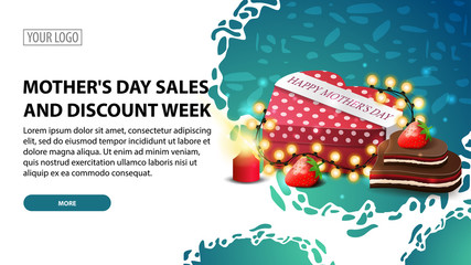 Mother's day sales and discount week, modern horizontal discount banner with a modern texture and gift in the shape of a heart
