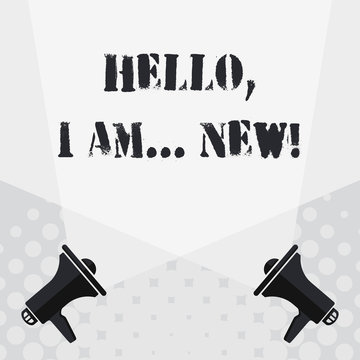 Text sign showing Hello I Am New. Business photo text used greeting or begin telephone conversation Blank Double Spotlight Crisscrossing Upward from Two Megaphones on the Floor