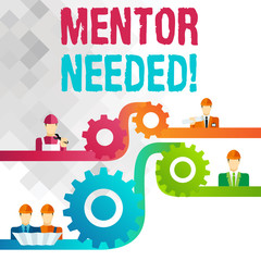 Writing note showing Mentor Needed. Business concept for Employee training under senior assigned act as advisor Cog Gear Setting Icon Connect Men from Different Character