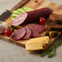 Sausage and cheese on the board