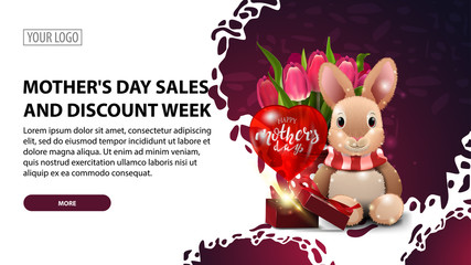 Mother's day sales and discount week, modern horizontal discount banner with a modern texture, plush rabbit, tulips and gift