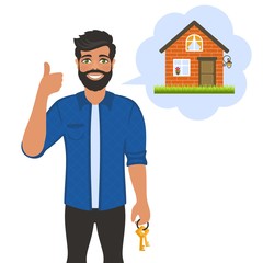 Real estate broker agent with keys. House building, mortgage, property home, buy apartment, sale and rent housing. Cartoon character on white background. Flat style. Vector illustration.