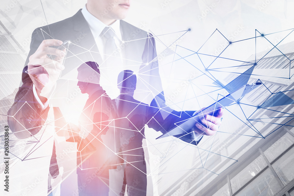 Poster man with clipboard using network interface