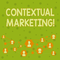 Word writing text Contextual Marketing. Business photo showcasing online and mobile marketing Behavioural targeting Online Chat Head Icons with Avatar and Connecting Lines for Networking Idea