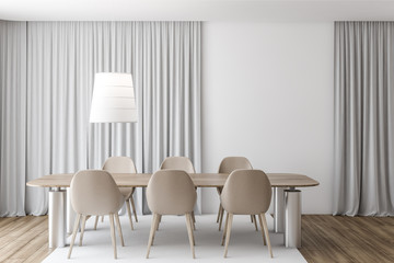 Gray curtain dining room, beige chairs
