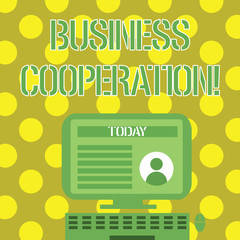 Fototapeta premium Word writing text Business Cooperation. Business photo showcasing businesses to work together for mutual benefit Desktop Computer Mounted on Stand with Online Profile Data on Monitor Screen