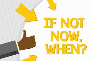Conceptual hand writing showing If Not Now When Question. Concept meaning start acting from this moment do not hesitate Hand Gesturing Thumbs Up Holding on Round Shape with Arrows