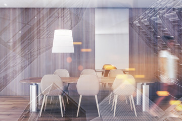 Woman walking in wooden dining room, mirror