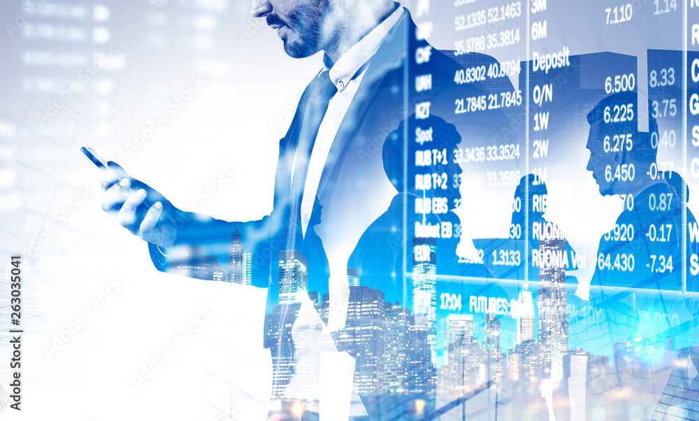 Poster trader with phone and team, stock exchange