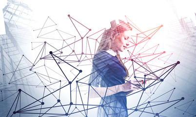 Businesswoman with smartphone, network interface