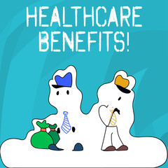 Word writing text Healthcare Benefits. Business photo showcasing monthly fair market valueprovided to Employee dependents Figure of Two Men Standing with Pouch Bag on White Sticker Style Snow Effect