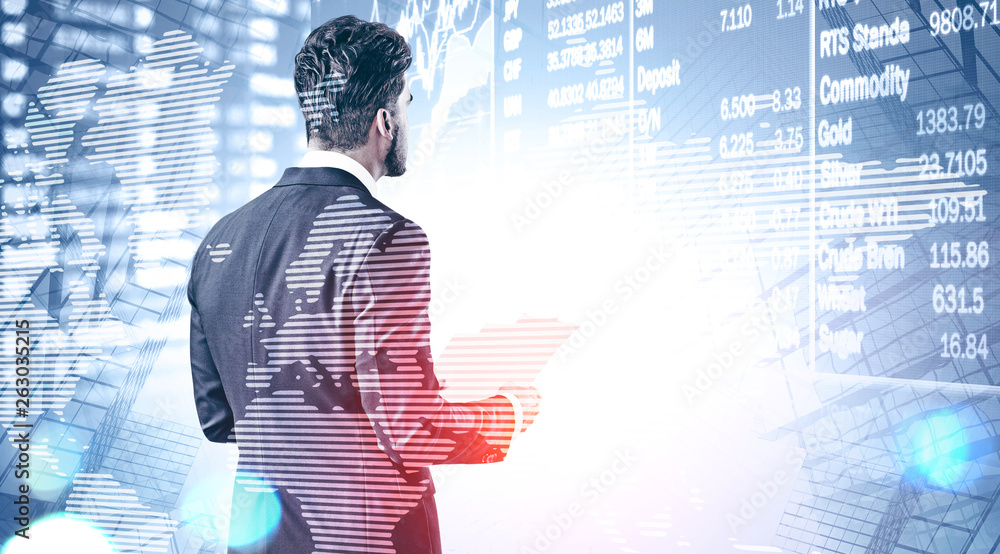Poster man with documents analysing stock exchange data