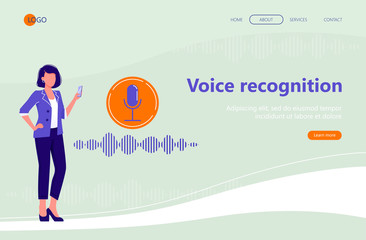 Web landing page template. Microphone button with sound imitation line. Personal assistant and voice recognition. Modern technologies. Flat vector illustration.