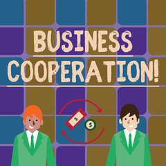 Handwriting text writing Business Cooperation. Conceptual photo businesses to work together for mutual benefit Money in Dollar Currency Sign Inside Rotating Arrows Between Two Businessmen