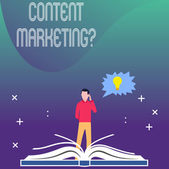 Writing note showing Content Marketing Question. Business concept for involves creation and sharing of online material Man Standing Behind Open Book Jagged Speech Bubble with Bulb