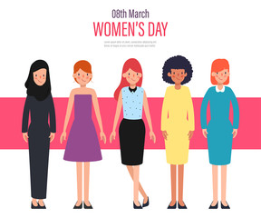 Fototapeta premium Women's day international Landing Page Template. Young Women People Character.
