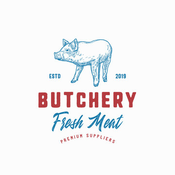 Butchery Fresh Meat Abstract Vector Sign, Symbol or Logo Template. Hand Drawn Little Pig Sketch Sillhouette with Retro Typography. Vintage Emblem.