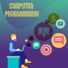 Conceptual hand writing showing Computer Programming. Concept meaning process that instructs a computer on how to do a task Man Sitting with Laptop and SEO Driver Icons on Blank Space