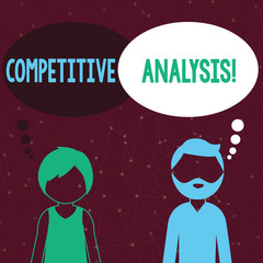 Handwriting text writing Competitive Analysis. Conceptual photo Strategic technique used to evaluate outside competitor Bearded Man and Woman Faceless Profile with Blank Colorful Thought Bubble