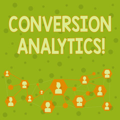 Obraz na płótnie Canvas Word writing text Conversion Analytics. Business photo showcasing action that s is counted when someone interacts with ad Online Chat Head Icons with Avatar and Connecting Lines for Networking Idea