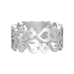 3D illustration isolated white gold or silver decorative curve out flowers and hearts ring