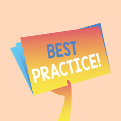 Handwriting text writing Best Practice. Conceptual photo commercial procedures that are accepted prescribed being correct Hand Holding and Raising Blank Space Colorful File Folder with Sheet Inside