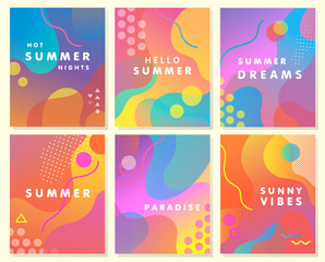 Fototapeta na wymiar Unique artistic summer cards with bright gradient background,shapes and geometric elements in memphis style.Abstract design cards perfect for prints,flyers,banners,invitations,special offer and more.