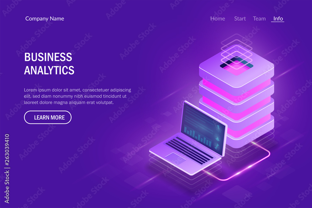 Poster business analytics concept. cloud computing. big data center. data exchange between laptop and serve