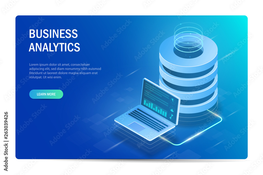 Poster business analytics concept. cloud computing. big data center. data exchange between laptop and serve