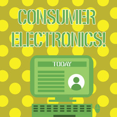 Obraz premium Word writing text Consumer Electronics. Business photo showcasing consumers for daily and noncommercial purposes Desktop Computer Mounted on Stand with Online Profile Data on Monitor Screen